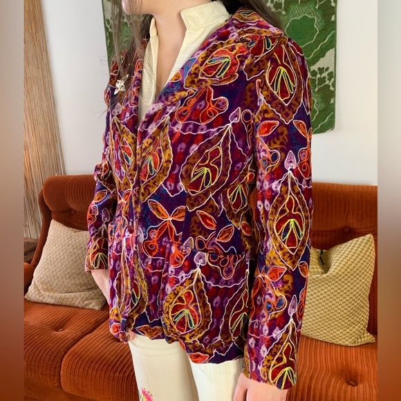 RARE 60s/70s Hippie, Woodstock Era Silk Velvet Embroidered Blazer Jacket - Picture 5 of 6